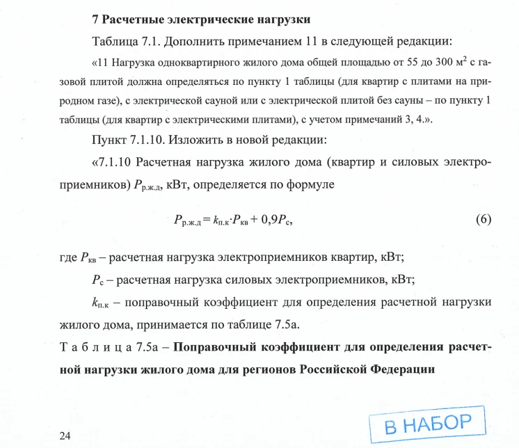 В расчете электрических нагрузок учтено Изменение 4 к СП 256.1  325  800.2016